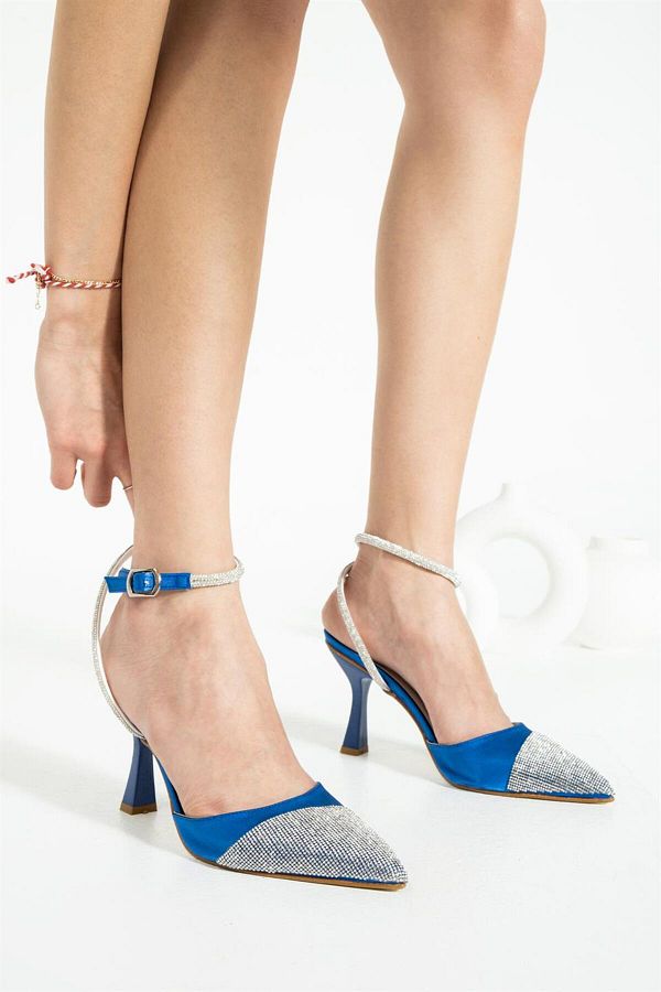 Gokce Shoes Annalise Blue Rhinestone Ankle Strap Women s Heeled Shoes Trendyol