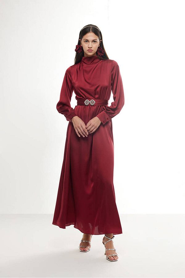 BE BLUE CLARET RED STONE SATIN DRESS Trendyol