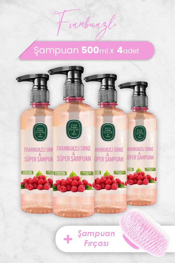 Eyüp Sabri Tuncer-Raspberry Vinegar and Super Shampoo - 500ml x 4 Pcs and Shampoo Brush 1