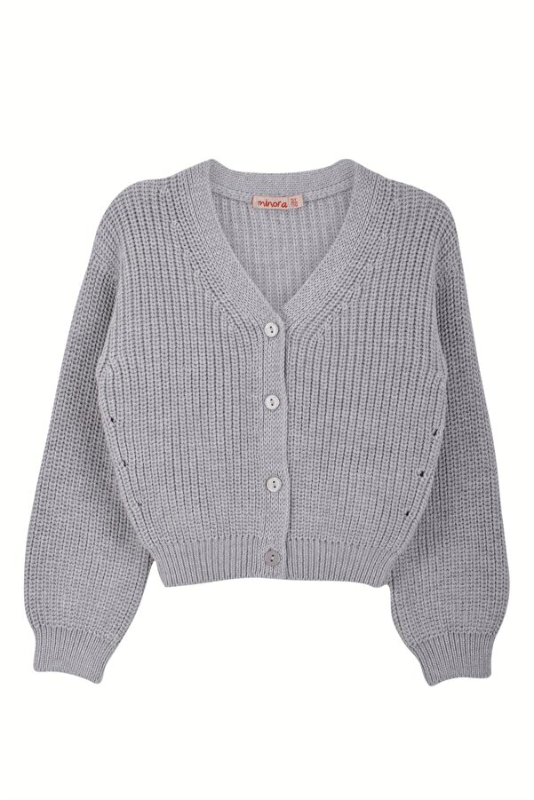 Minora Kız Çocuk Triko V Yaka Selanik Örgü Hırka Gri