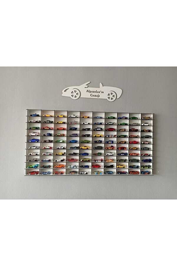 CrDesign Ahşap Dekoratif Duvar Araba Rafı 100'lü Yatay Beyaz Renk (hotwheels Ve Matcbox Arabalarına Uygundur)