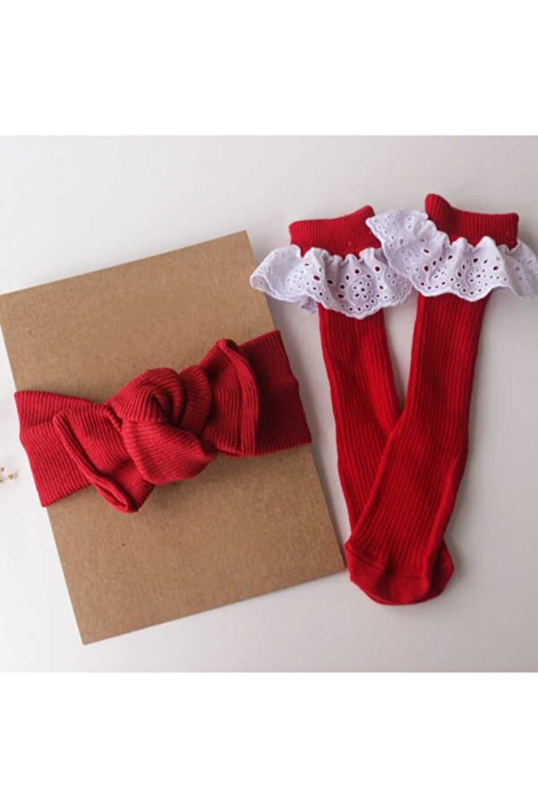 ESES BEBE Kız Bebek/çorap Kırmızı Ribana Bandana Ve Fistolu Çorap Seti
