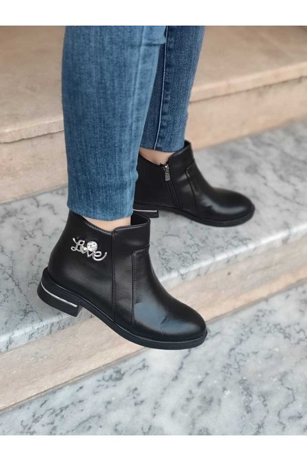 Weynes-Black Love Zippered Half Winter Boots - Flat Sole Wsb0306 1