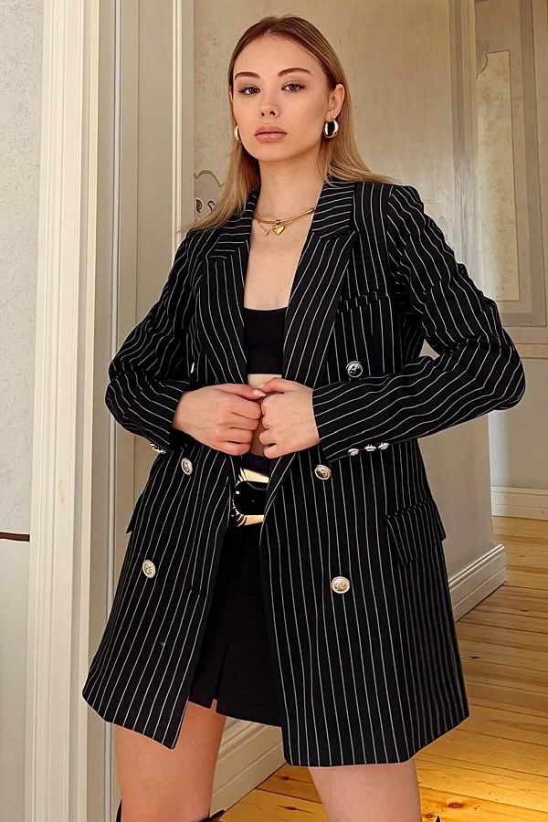 Swist Black Striped Silver Button Double Breasted Women s Blazer Jacket Trendyol
