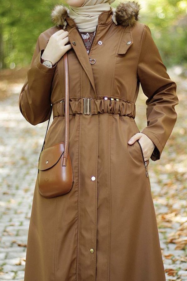 InStyle Florie Belted Pocketed Long Coat Tan Trendyol