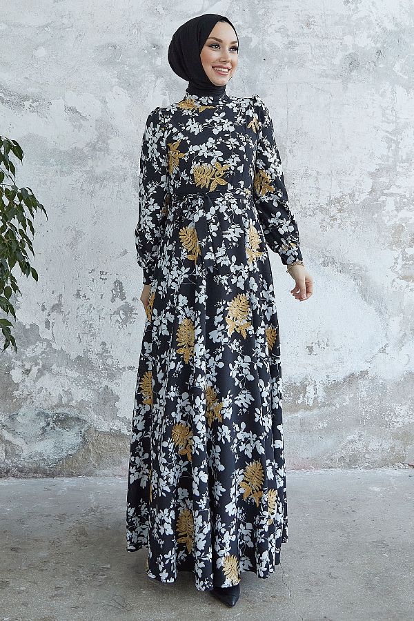 InStyle-Bianka Embroidery Floral Chiffon Dress - Black 1