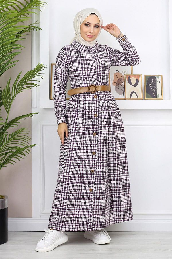 Modamihram-Button Detailed Dress Plum 19166 1