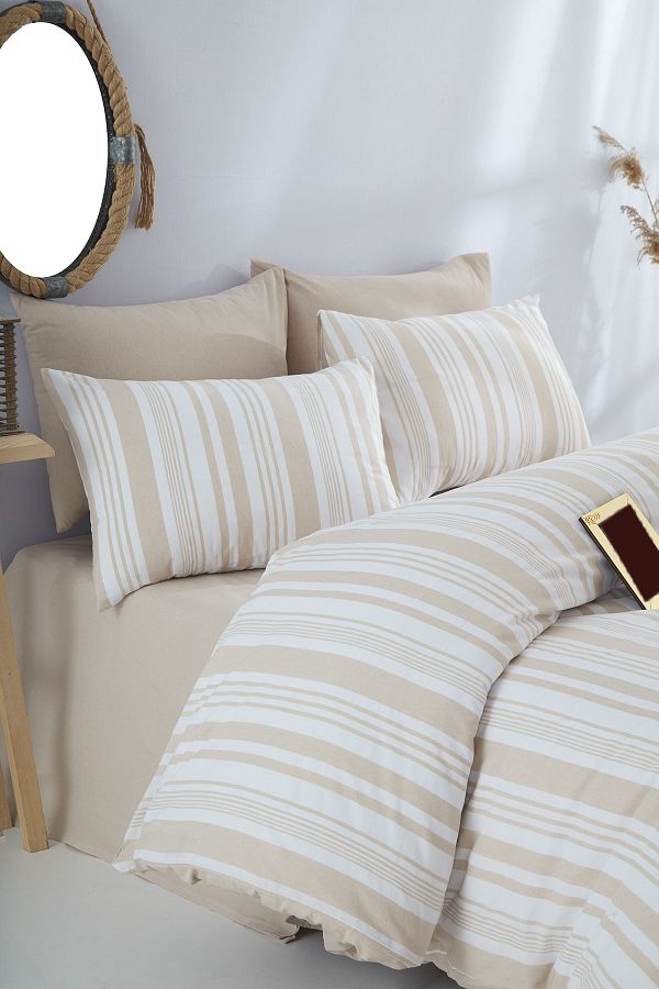 Bayev-Single Beige Striped Duvet Cover Set with Elastic Sheets 1