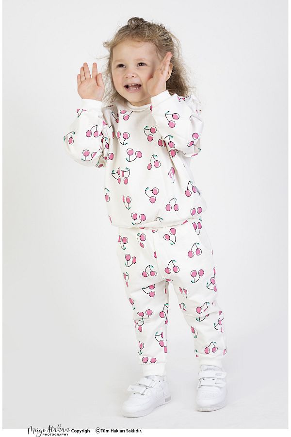 HAR KA K DS Baby Girl Child Two Thread Fabric Cherry Patterned Medium Thickness Knitted Basic Oversize Bottom Top Tracksuit Trendyol