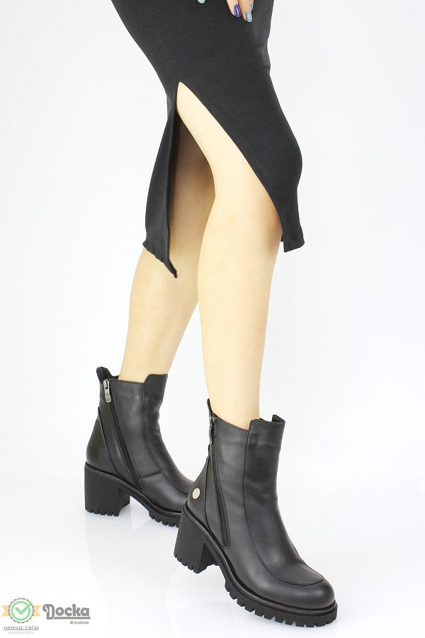 Mammamia Women s Genuine Leather Thick Platform Heeled Orthopedic Double Zipper Classic Boots Trendyol