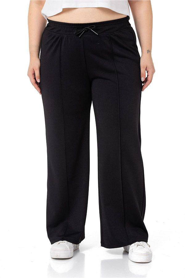DISENTIS MODEST-Large Size Elastic Waist and Rope Drawstring Ribbed Stitching Wide Leg Black Trousers 1