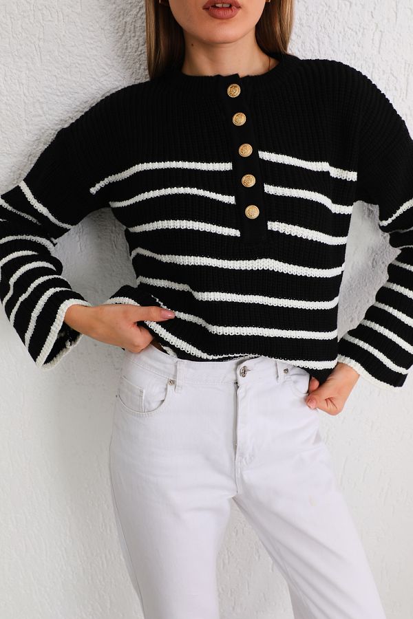 BİKELİFE-Schwarzer, dicker, übergroßer Strickpullover mit goldenen Knöpfen und Streifen für Damen 1