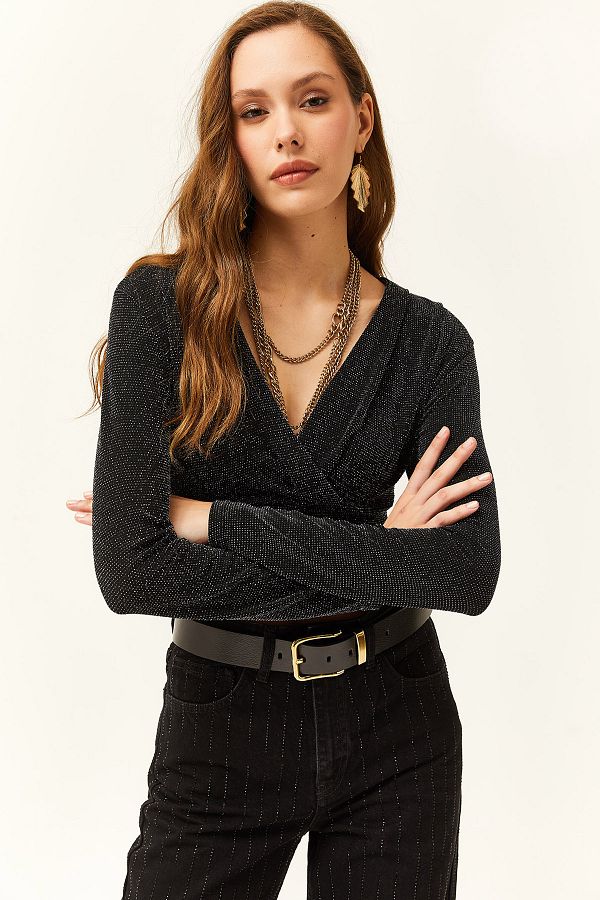 Olalook Women s Black Double Breasted Glitter Crop Blouse Trendyol