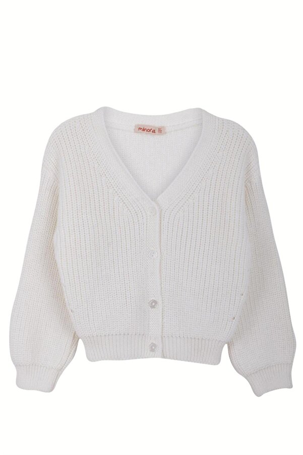 Minora Kız Çocuk Triko V Yaka Selanik Örgü Hırka Kemik