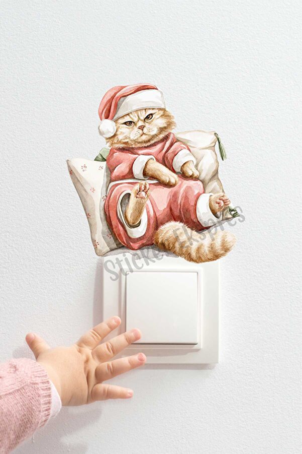 Sticker Ekspres Sevimli Yılbaşı Kedisi K6 Yeni Yıl Priz Sticker