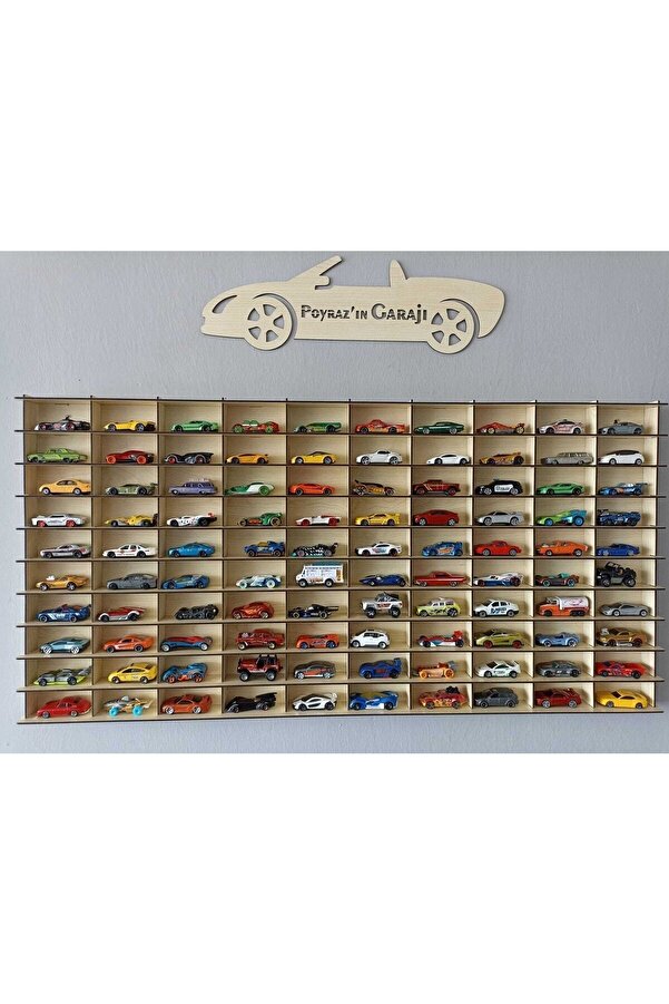 CrDesign Ahşap Araba Rafı 100'lü Yatay Akça Ağaç (krem) Renk (hotwheels Ve Matcbox Arabaları Için Uygundur)
