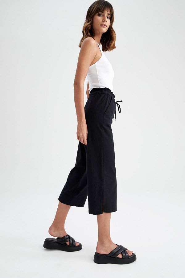 DeFacto-Παντελόνι από λινό look Capri 100% βαμβακερό με φαρδιές τσέπες 1