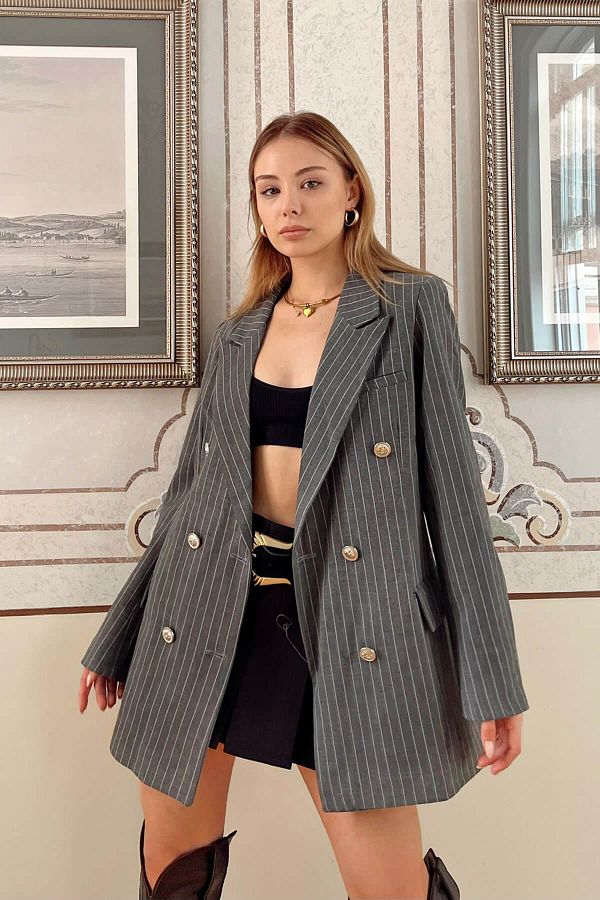 Swist Gray Striped Silver Buttoned Double Breasted Women s Blazer Jacket Trendyol