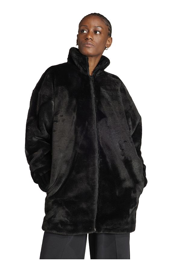 adidas Black Women s Stand Collar Coat IS5254 FAUX FUR JACKET Trendyol