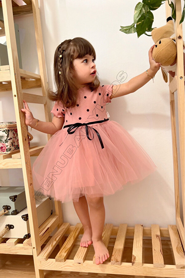 penu baby kids Gül Kurusu Puantiyeli Tütülü Kısa Kol Kız Bebek Elbise - Emily