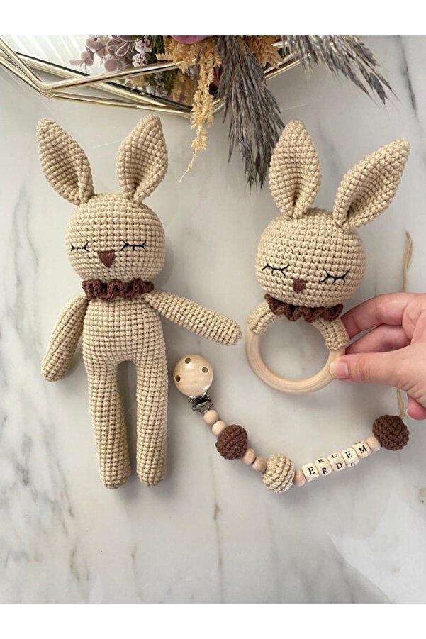 Zey's Amigurumi Amigurumi Yenidoğan Tavşan Uyku Arkadaşı Çıngırak Emzik Zinciri Örgü