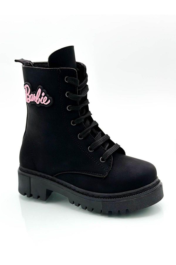 sermoda Barbie Sticker Embroidered Girls Boots Patent Leather Black