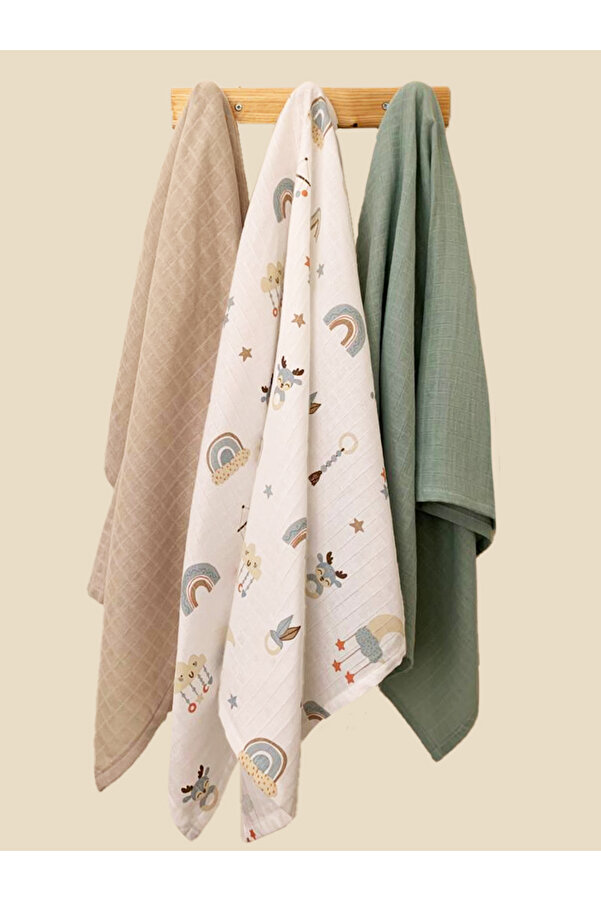Tinybabyconcept Soft Organik %100 Pamuk Çok Amaçlı Müslin Bebek Örtüsü 3'lü Set 90x100 cm Müslin Bez Battaniye
