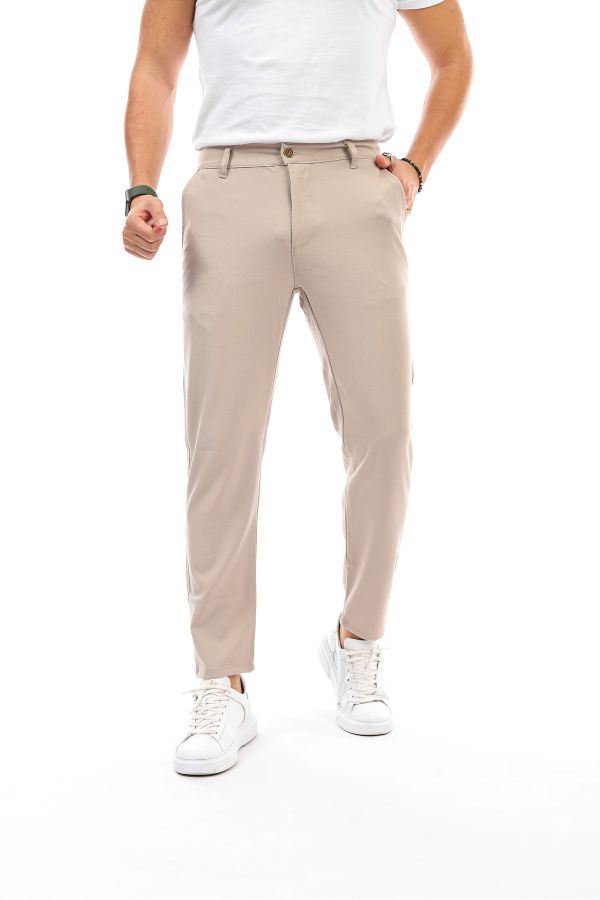 İDS COLLECTİON Men's Beige Color Straight Cut Quality Flexible Lycra Ankle  Length Fabric Trousers - Trendyol
