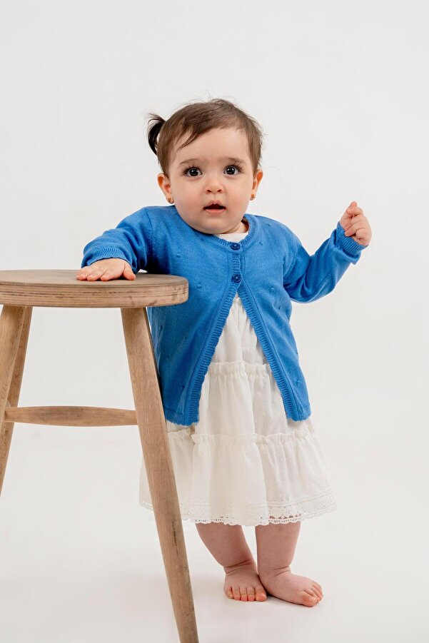 Minora İnce Triko Kız Bebek Ponponlu Hırka İNDİGO