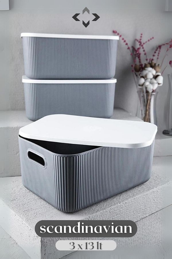 LİGROUND-Scandinavian Set of 3 13lt Gray Decorative Multi-Purpose Storage Box Organizer (STORAGE BOX) 1