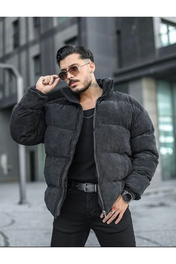 Z1MAN Black Velvet Corduroy Puffer Jacket Trendyol
