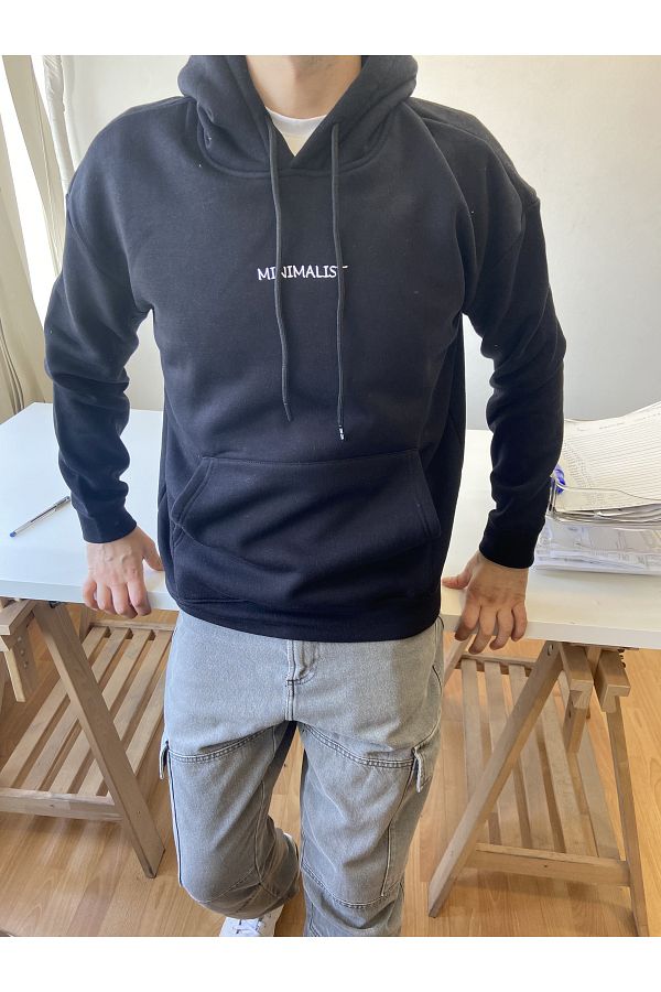 COOL TARZ Black Men s Regular Soft Fuzzy Hooded Sweatshirt with Text Embroidery Trendyol
