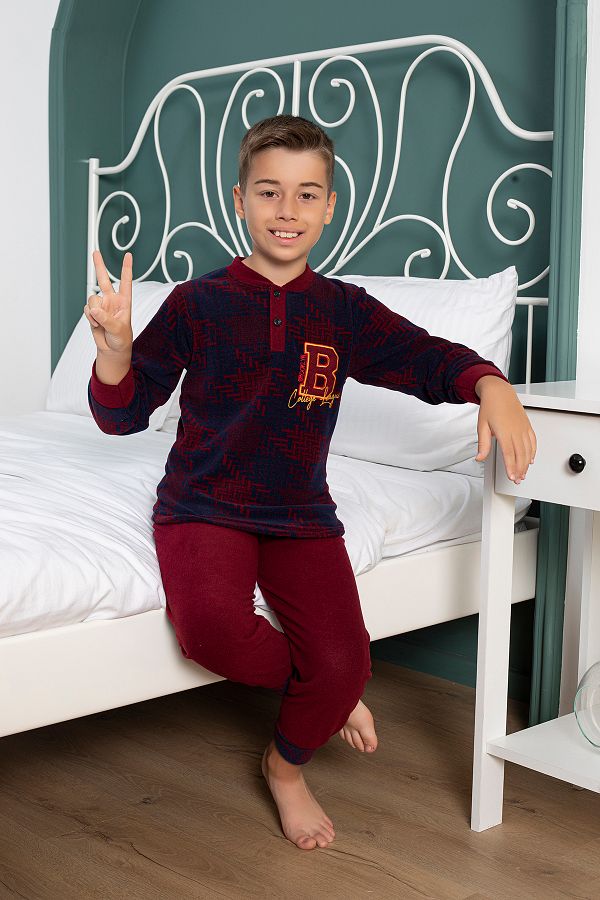 KAP K DS Long Sleeve Boys Thick Winter Buttoned Fleece Pajamas Set with Pants and Cuffs on the Sleeves Trendyol