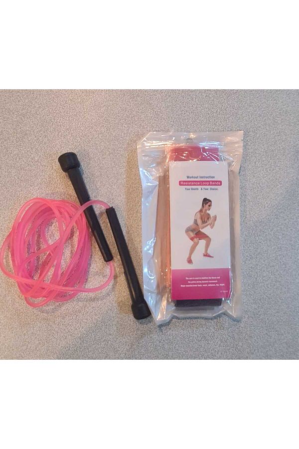unes-5-PIECE PINK RESISTANCE LOOP AND EXERCISE BAND SET WITH JUMPING ROPE GIFT 1