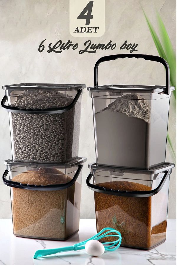 Stile Cucina-Mega Size 4-Piece Square Flour Pulses Container 6 Liters - Detergent Storage Box with Handle Anthracite 1