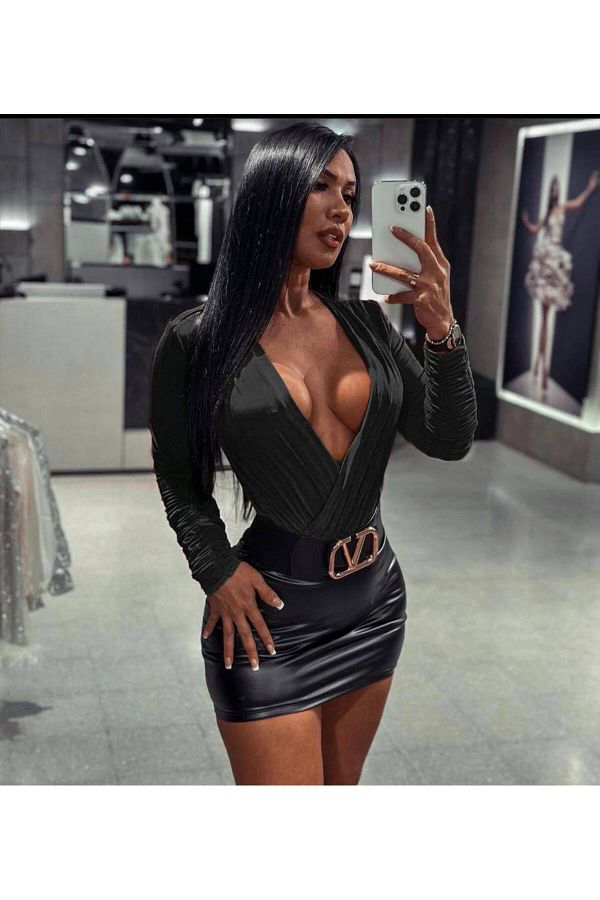 Miss Low cut Crop Imported Leather Skirt Set Trendyol