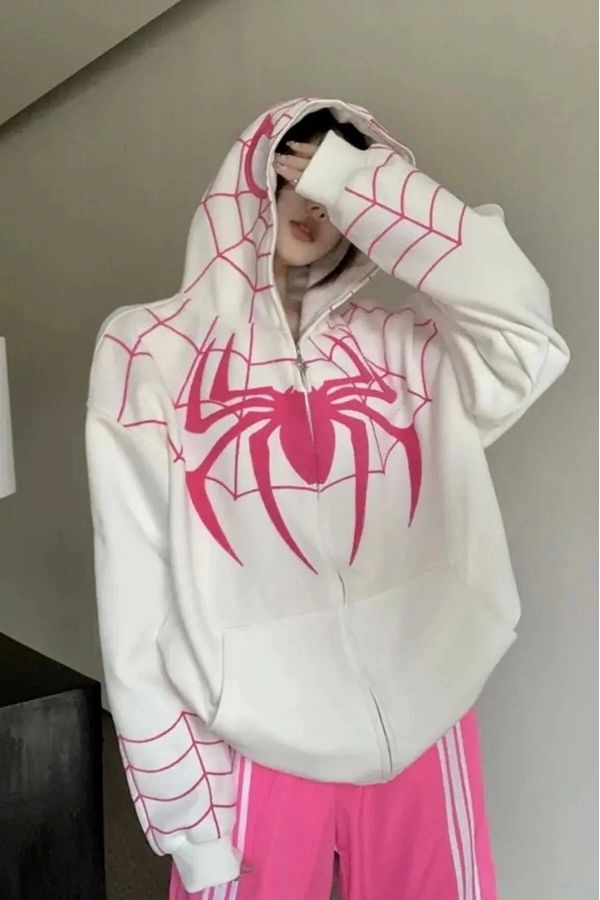 Violon White Hooded Pink Spiderman Patterned Mask Detail Unisex Oversize Sweatshirt Cardigan Trendyol