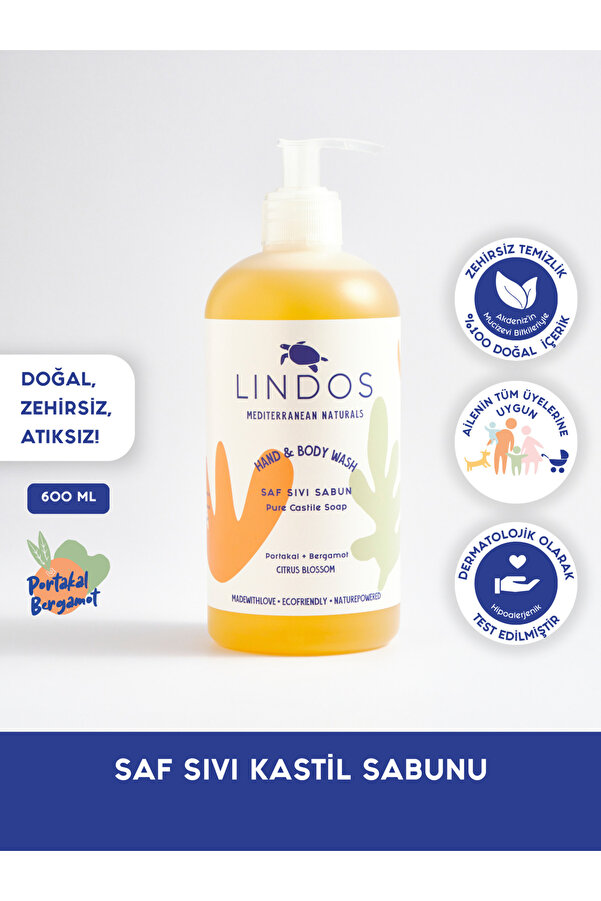 Lindos Doğal Kastil Sıvı Sabun El Vücut Zeytinyağlı Nemlendirici Duş Jeli Aromaterapik Portakal Yağı 600 ml