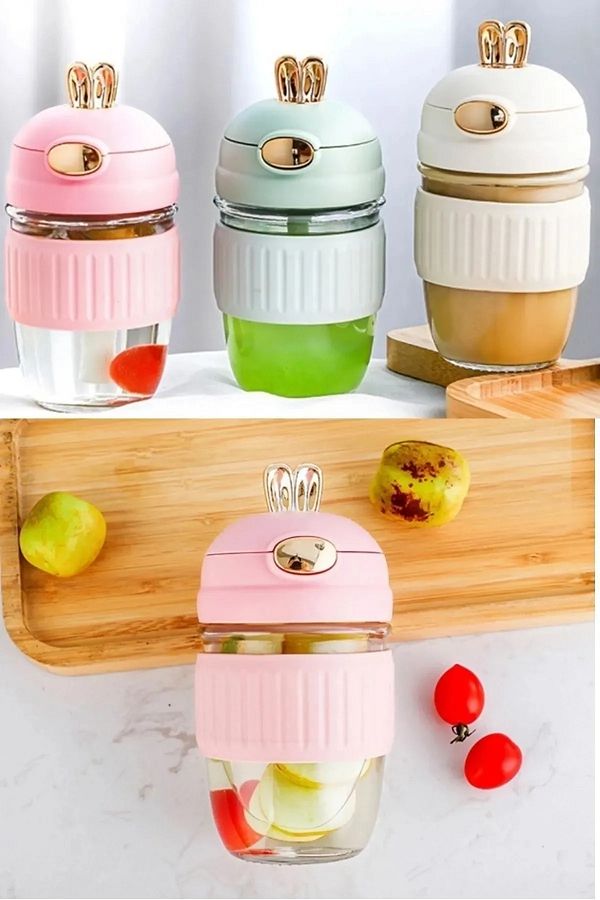 MUNBO Cute Rabbit Shaped Leakproof Glass Water Bottle School Water Bottle with Straw Trendyol