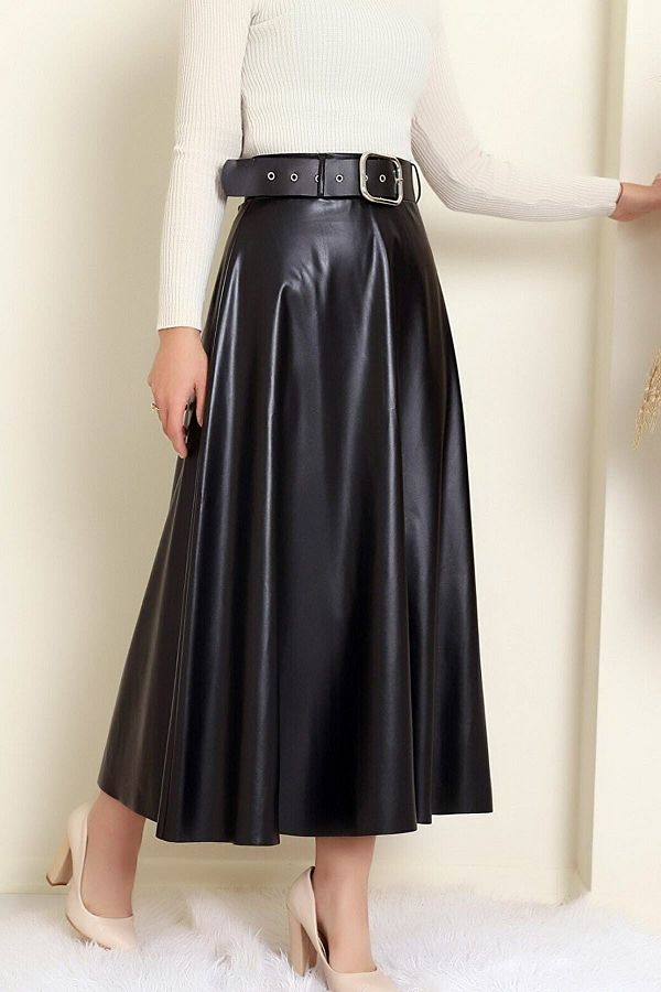 CoolLook Plus Size Belted Regular Waist Comfortable Cut Long Flared A Line Faux Leather Skirt Trendyol
