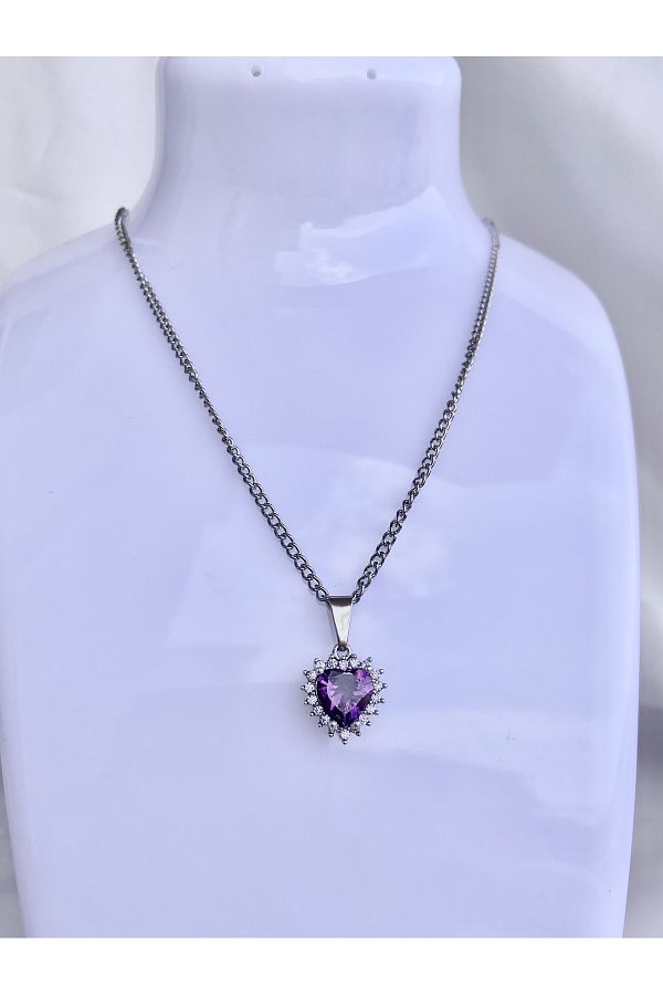 eyma Temel Purple Stone Silver Necklace with Heart Pandora Trendyol