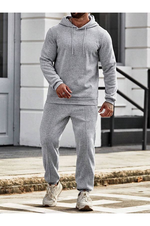 Black Sokak Gray Plain Oversize Men s Hooded Bottom Top Tracksuit Set Trendyol