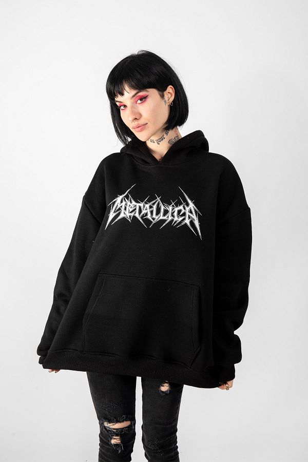 Bak Moda Metallica Logo Printed Oversize Unisex Black Hoodie Trendyol