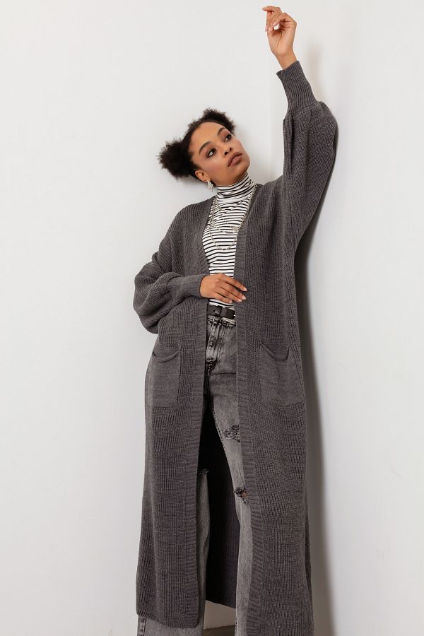 Lafaba Women s Anthracite Balloon Sleeve Long Cardigan Trendyol