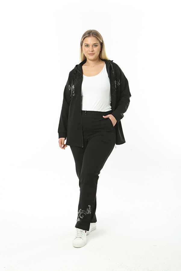 XL Modam Women's Large Size Stone Printed Black Tracksuit Suit