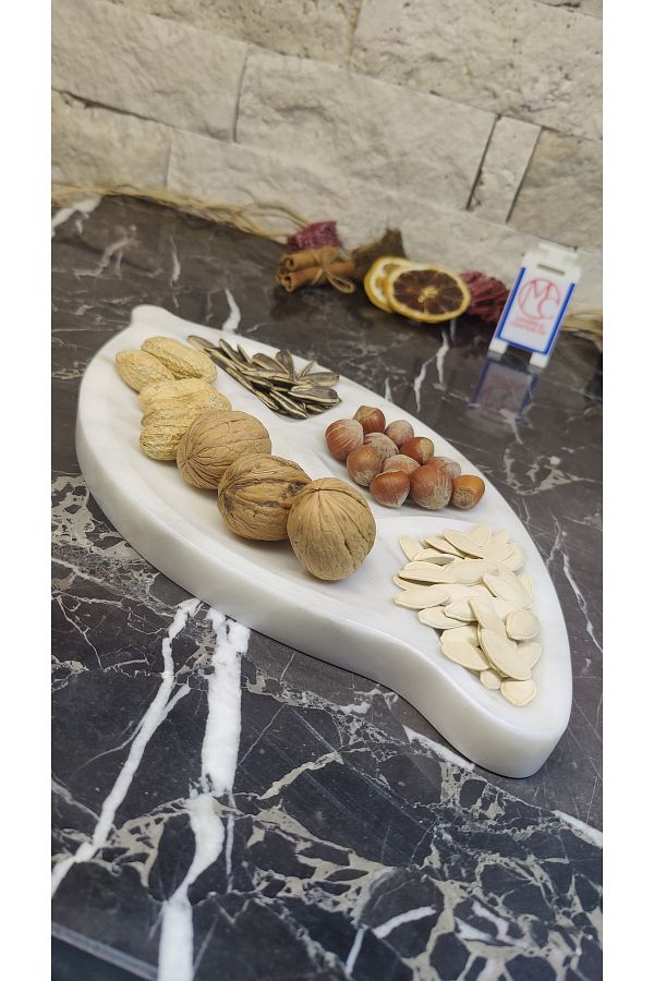 Marblecenter-Marble Presentation Bowl, Nuts Bowl, Leaf Patterned 3-Compartment Serving Plate 1