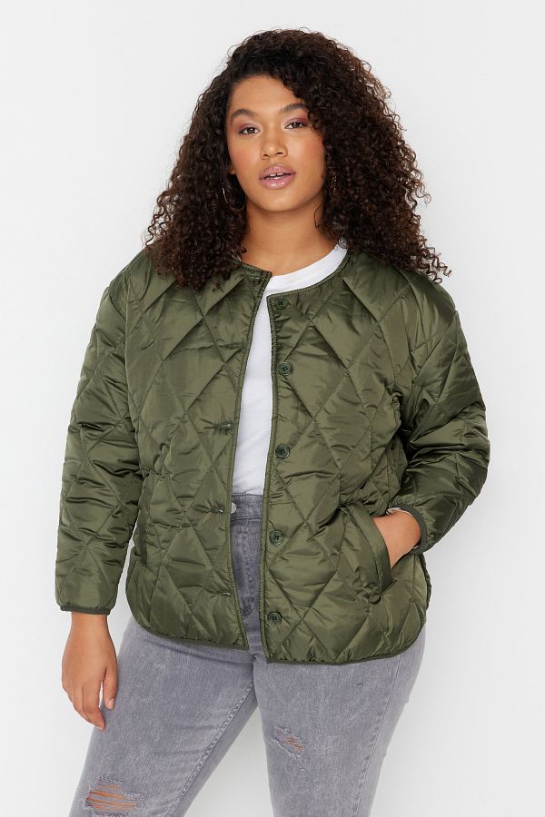 Trendyol Curve-Khaki Crew Neck Quilted Coat TBBAW23AW00020 1