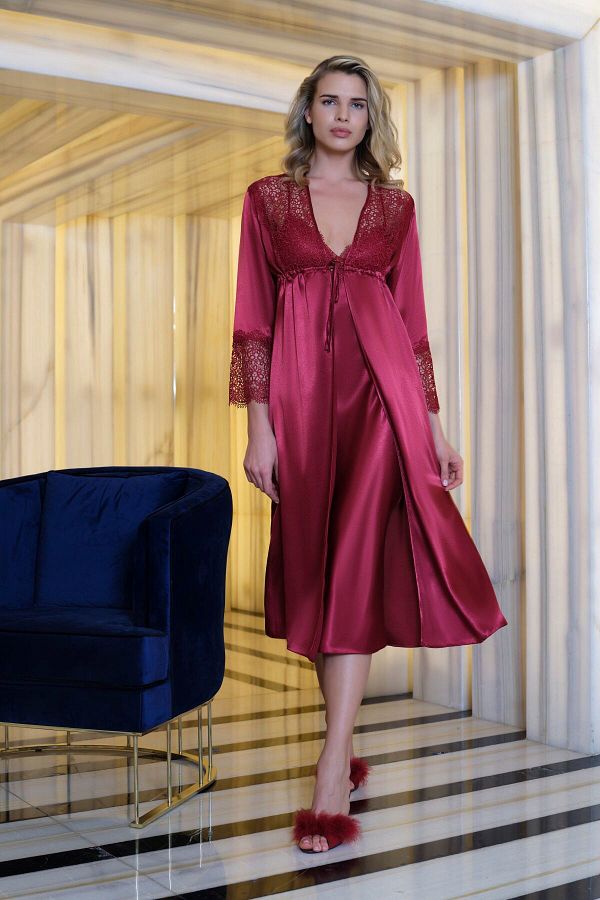 EXCLUSIVE Luxury Burgundy Silk Satin 6 Piece Nightgown Dressing Gown Set Trendyol