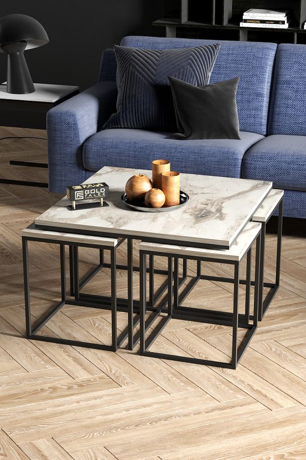 GOLDFALEZ-5-Piece Modern Nesting Coffee Table Set - 1 Center Table  + 4 Side Tables - Black Metal Frame 1