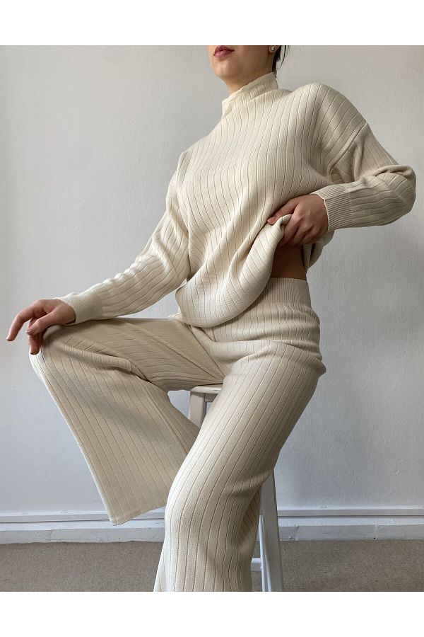 minaaise Stone Half Turtleneck Knitwear Top and Bottom Set 26182 - Trendyol